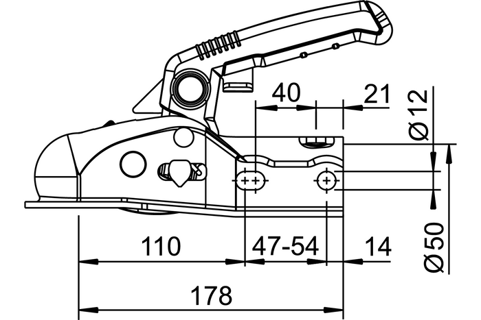 Attelage à boule AL-KO AK270 pour remorque de 2700kg avec timon tubulaire de 50mm