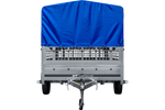 Remorque voiture 264x150 UNITRAILER GARDEN 265 KIPP avec ridelles grillagées, arceau H-800 et bâche bleue