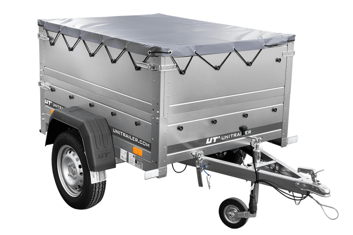 Remorque petite à vendre à benne basculante - Garden Trailer 150 KIPP [avec rehausses de ridelles et bâche plate grise]