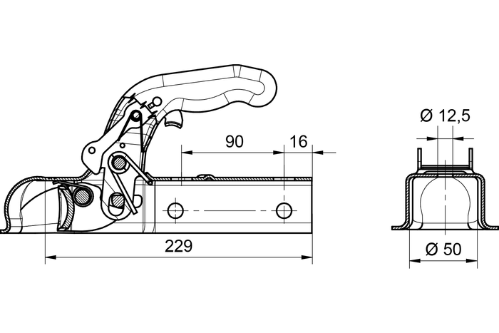 Attelage à boule KNOTT KQ14-A pour remorque de 1400kg avec timon carré de 50mm