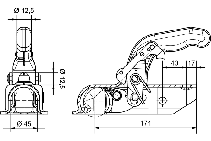 Attelage à boule KNOTT KK14-B pour remorque de 1400kg avec timon tubulaire de 45mm