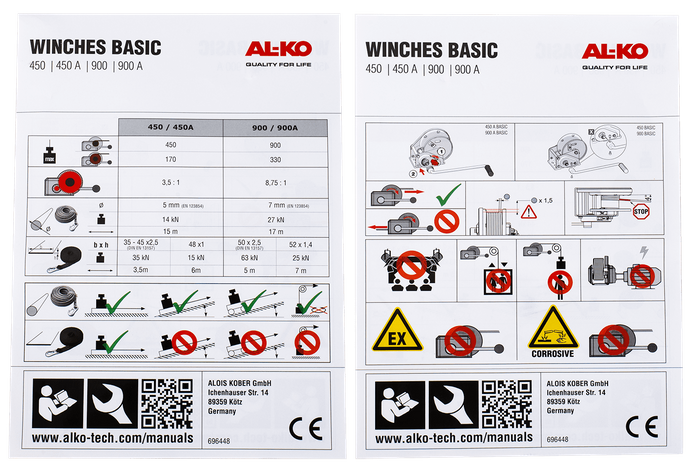Treuil manuel pour remorque dépanneuse AL-KO 450kg avec une courroie de 6m, frein et déroulement automatique