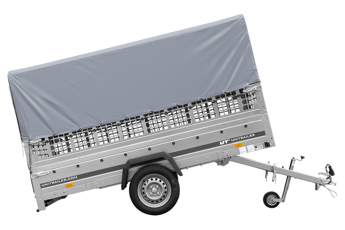 REMORQUE DE JARDIN 264 KIPP AVEC ROUE JOINTE, CÔTÉS GRILLÉS, CHÂSSIS H-800 ET BACHE GRISE