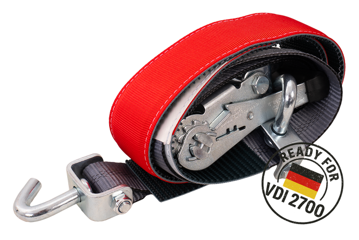 Lot de quatre sangles de transport, d'arrimage pour remorque HEFFA CARLINE 130,  fixation des roues 2,8 m/50 mm/5 t VDI 2700