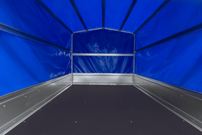 Remorque à deux essieux 264x150 UNITRAILER GARDEN 265/2 KIPP avec châssis H-1100 et bâche bleue
