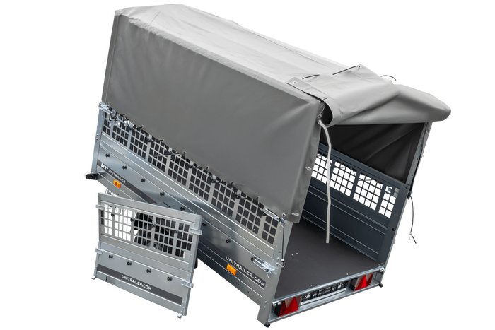 Grande remorque 230x125 avec bâche haute grise, ridelles grillagées et roue jockey - Garden Trailer 230 KIPP