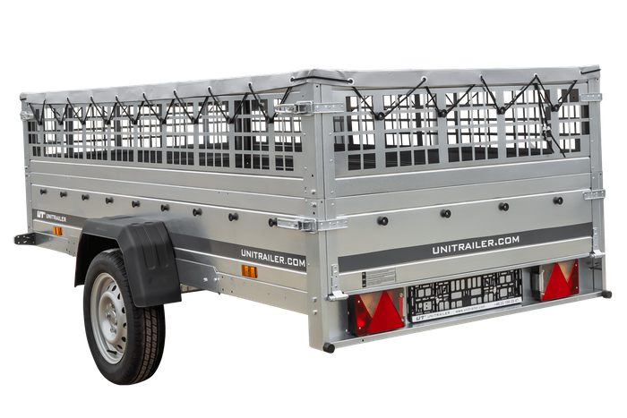 REMORQUE DE JARDIN 264 KIPP AVEC ROUE JOINTE, CÔTÉS GRILLÉS ET BÂCHE PLATE GRIS