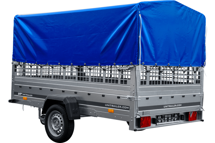 Remorque voiture 264x150 UNITRAILER GARDEN 265 KIPP avec ridelles grillagées, arceau H-800 et bâche bleue