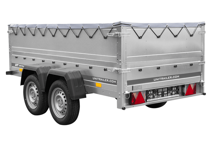 GARDEN TRAILER 264/2 KIPP remorque à deux essieux avec roue jockey, châssis H-0, ridelles BIS et bâche plate grise