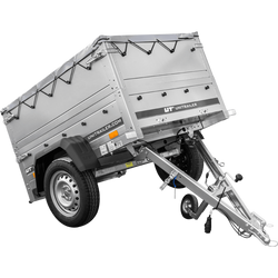 Remorque petite à vendre à benne basculante - Garden Trailer 150 KIPP [avec rehausses de ridelles et bâche plate grise]