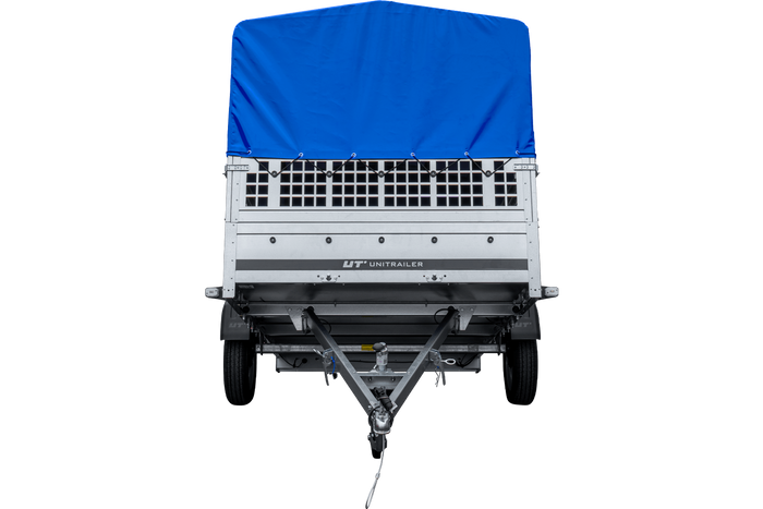 Remorque voiture 264x150 UNITRAILER GARDEN 265 KIPP avec ridelles grillagées, arceau H-800 et bâche bleue