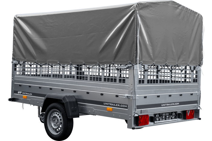 Remorque voiture 264x150 UNITRAILER GARDEN 265 KIPP avec ridelles grillagées, arceau H-800 et bâche grise