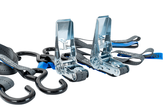 Ensemble de deux sangles de transport HILLS 3m/25mm/1t avec tendeur et deux harnais de 0,45m pour sécuriser la moto