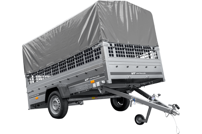 Remorque voiture 264x150 UNITRAILER GARDEN 265 KIPP avec ridelles grillagées, arceau H-800 et bâche grise