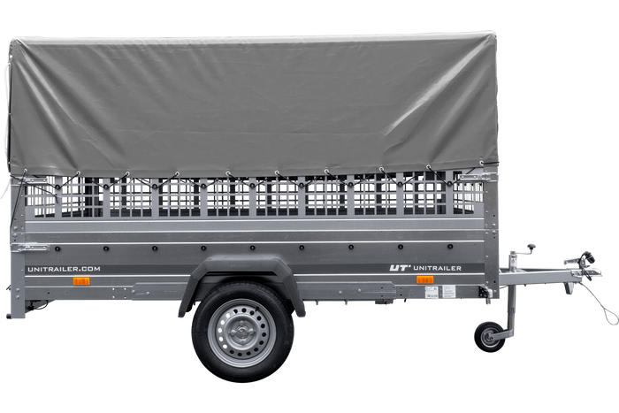 Remorque voiture 264x150 UNITRAILER GARDEN 265 KIPP avec ridelles grillagées, arceau H-800 et bâche grise