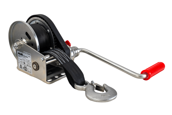 Treuil manuel pour remorque dépanneuse AL-KO 450kg avec une courroie de 6m, frein et déroulement automatique