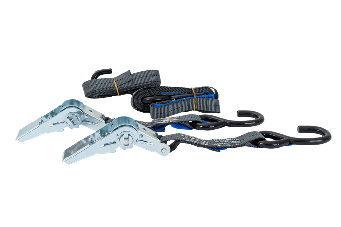 Ensemble de deux sangles de transport HILLS 3m/25mm/1t avec tendeur et deux harnais de 0,45m pour sécuriser la moto