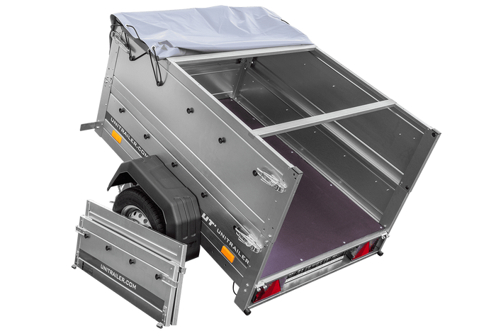 Remorque petite à vendre à benne basculante - Garden Trailer 150 KIPP [avec rehausses de ridelles et bâche plate grise]