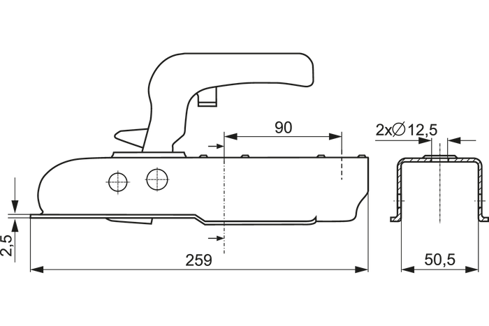 Attelage à boule STEELPRESS ZSK-0750H pour remorque de 750kg avec timon carré de 50mm