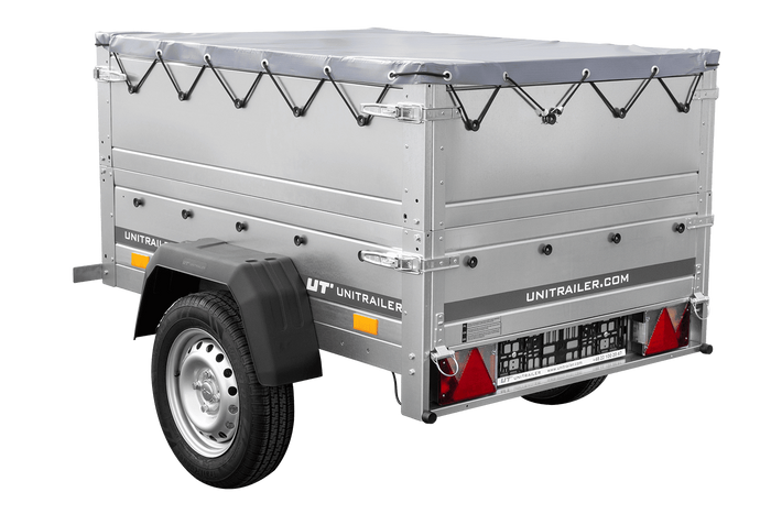 Remorque petite à vendre à benne basculante - Garden Trailer 150 KIPP [avec rehausses de ridelles et bâche plate grise]