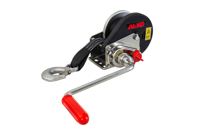 Treuil manuel pour remorque dépanneuse AL-KO 450kg avec une courroie de 6m, frein et déroulement automatique