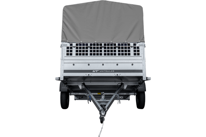 Remorque voiture 264x150 UNITRAILER GARDEN 265 KIPP avec ridelles grillagées, arceau H-800 et bâche grise