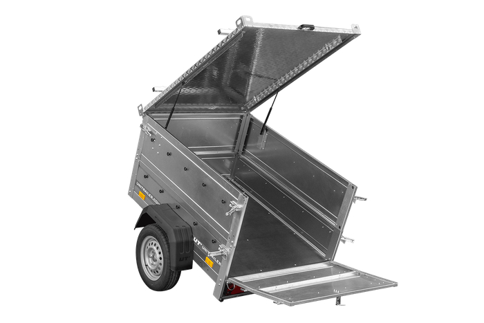 Remorque un essieu 150x106 UNITRAILER GARDEN 150 KIPP avec côtés, ridelles supplementaires et capot en aluminium
