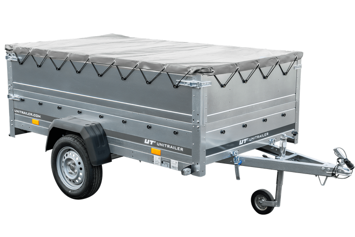 Grande remorque 230x125 avec bâche plate grise, rehausses de ridelles et roue jockey - Garden Trailer 230 KIPP