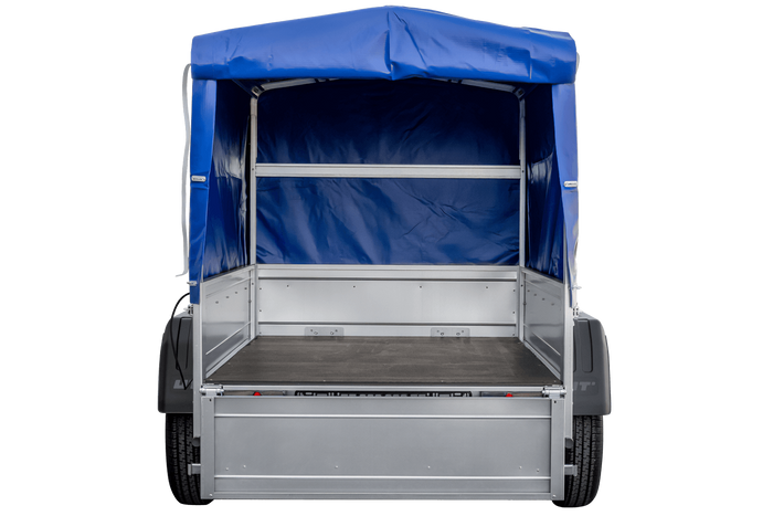 Remorque pour voiture 150x106 bâche bleue + arceau, PTAC 500 kg Garden Trailer 150 KIPP [avec roue jockey]
