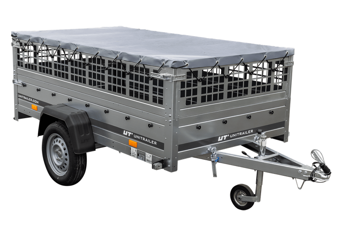 Grande remorque 230x125 avec bâche plate, ridelles grillagées, roue jockey et tiges de support bâche - Garden Trailer 230 KIPP