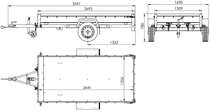 REMORQUE DE JARDIN 264 KIPP AVEC ROUE DE SUPPORT, CADRE H-1100 ET BACHE GRISE
