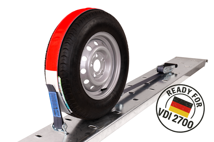 Lot de quatre sangles de transport, d'arrimage pour remorque HEFFA CARLINE 130,  fixation des roues 2,8 m/50 mm/5 t VDI 2700