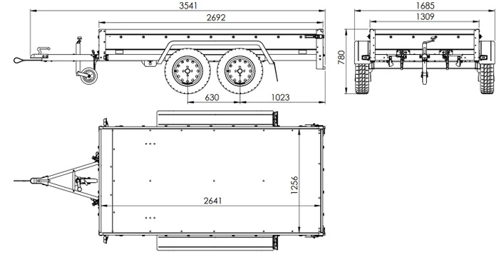 REMORQUE DOUBLE ESSIEUX UNITRAILER 264/2 KIPP AVEC ROUE JOCKEY, ARCEAU ET bâche GRISE