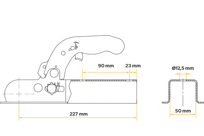 Attelage à boule KNOTT K7.5-K pour remorque de 750 kg avec timon carré de 50 mm