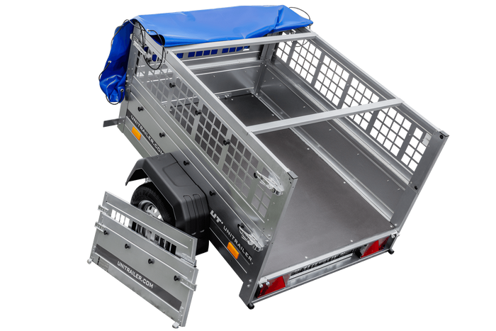 PETITE REMORQUE À VENDRE - GARDEN TRAILER 150 KIPP [AVEC BÂCHE PLATE BLEUE, ROUE JOCKEY ET TIGES DE SUPPORT BÂCHE]