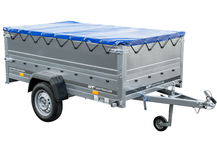 REMORQUE DE JARDIN 230 KIPP AVEC ROUE JOINTE, GLISSIÈRES BIS ET BÂCHE PLATE BLEUE