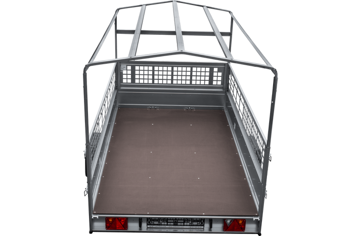 Remorque voiture 264x150 UNITRAILER GARDEN 265 KIPP avec ridelles grillagées, arceau H-800 et bâche bleue