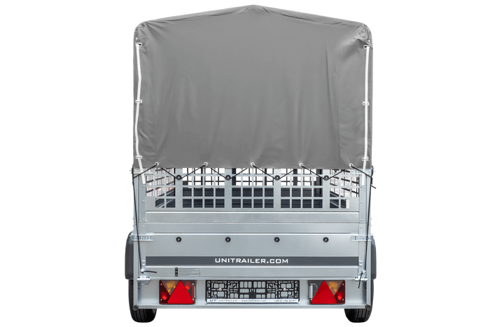 Grande remorque 230x125 avec bâche haute grise, ridelles grillagées et roue jockey - Garden Trailer 230 KIPP