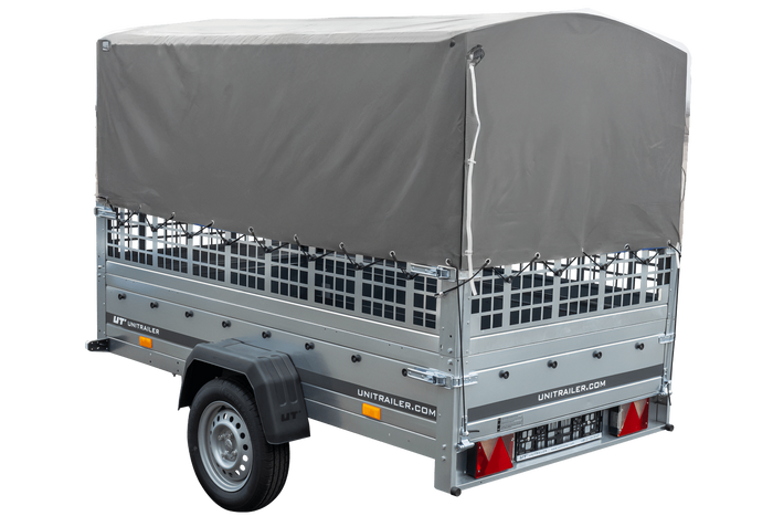 Grande remorque 230x125 avec bâche haute grise, ridelles grillagées et roue jockey - Garden Trailer 230 KIPP