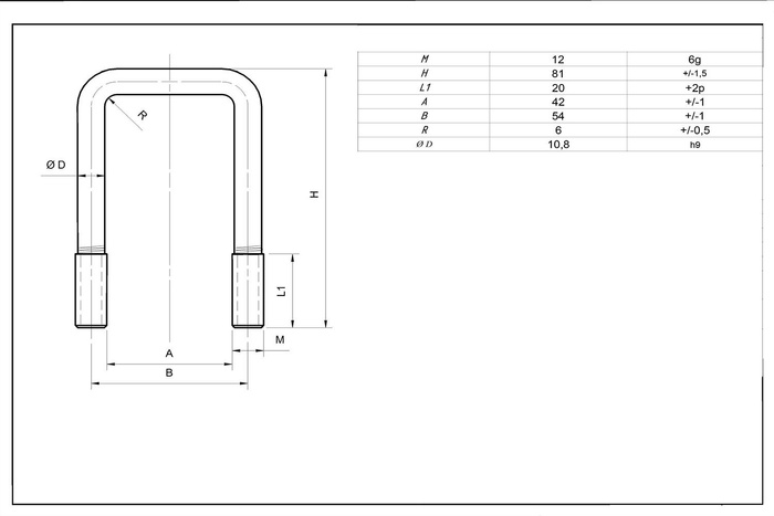 U-boulon avec écrous et rondelles M12 70/42/70
