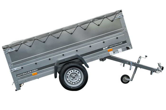 Grande remorque 230x125 avec bâche plate grise, rehausses de ridelles et roue jockey - Garden Trailer 230 KIPP