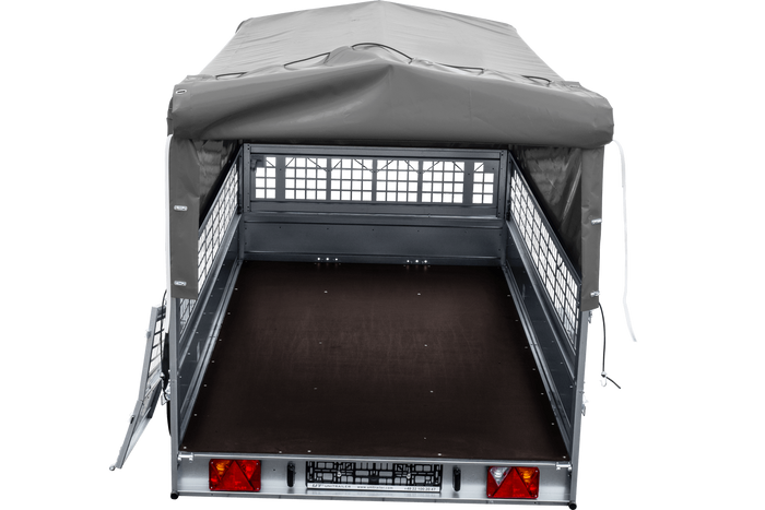 Remorque voiture 264x150 UNITRAILER GARDEN 265 KIPP avec ridelles grillagées, arceau H-800 et bâche grise
