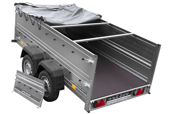 GARDEN TRAILER 264/2 KIPP remorque à deux essieux avec roue jockey, châssis H-0, ridelles BIS et bâche plate grise