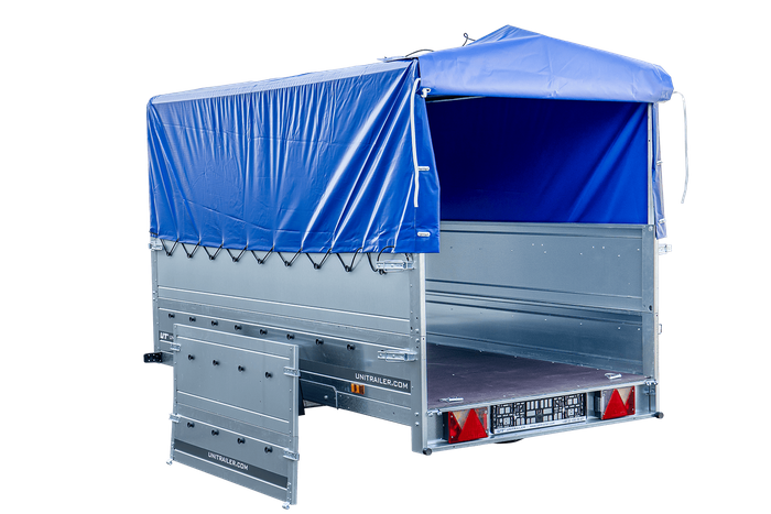 REMORQUE 264 KIPP AVEC ROUE JOCKEY, CÔTÉS RIDELLES SUPPLÉMENTAIRES, CHÂSSIS H-800 ET BACHE BLEUE