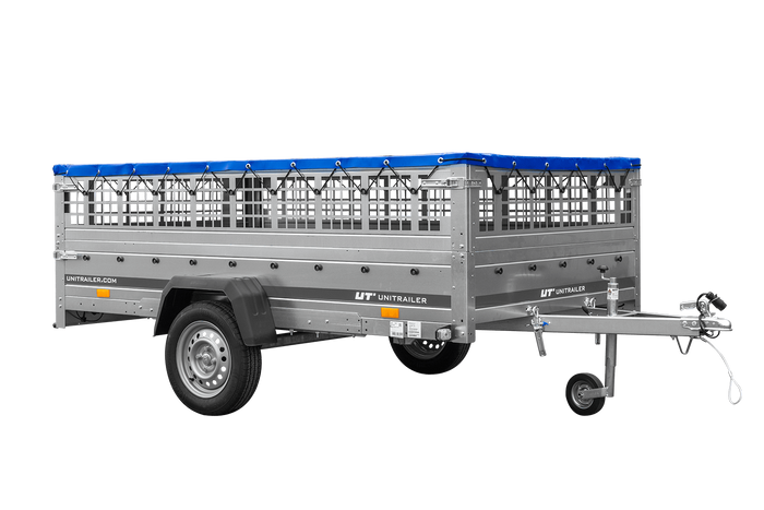 Remorque légère 264x150 UNITRAILER GARDEN 265 KIPP avec ridelles grillagées, châssis H-0 et bâche bleue