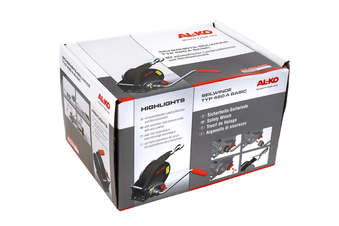 Treuil manuel pour remorque dépanneuse AL-KO 450kg avec une courroie de 6m, frein et déroulement automatique