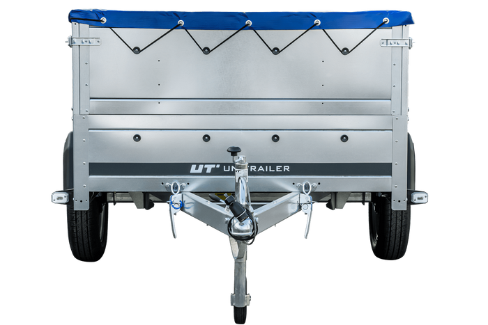 REMORQUE DE JARDIN 230 KIPP AVEC ROUE JOINTE, GLISSIÈRES BIS ET BÂCHE PLATE BLEUE