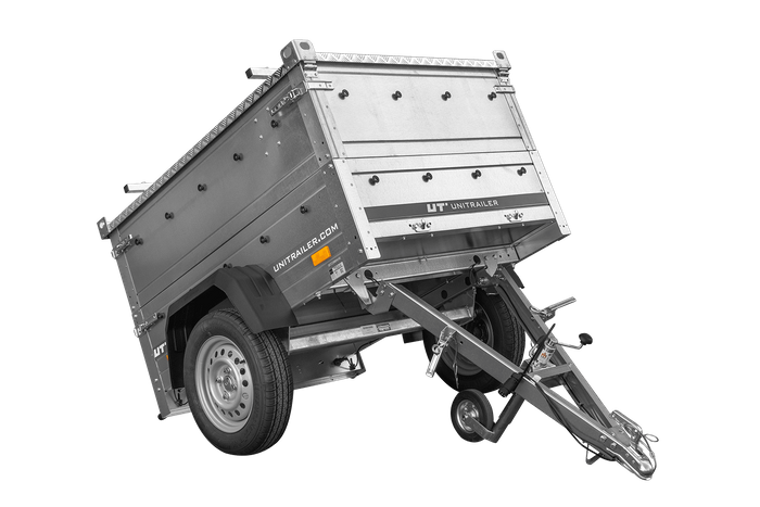 Remorque un essieu 150x106 UNITRAILER GARDEN 150 KIPP avec côtés, ridelles supplementaires et capot en aluminium