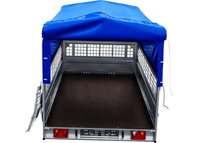 Remorque voiture 264x150 UNITRAILER GARDEN 265 KIPP avec ridelles grillagées, arceau H-800 et bâche bleue