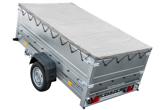 Grande remorque 230x125 avec bâche plate grise, rehausses de ridelles et roue jockey - Garden Trailer 230 KIPP